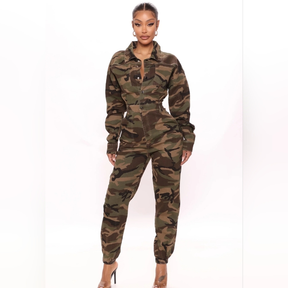 Camouflage denim jumpsuit